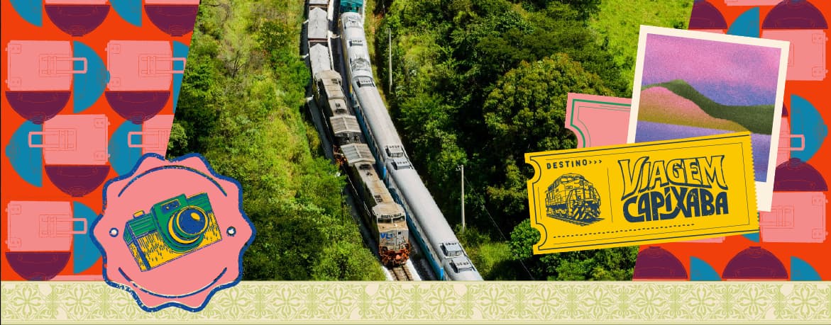 Trem entre vegetação verde, em uma colagem com bilhete amarelo e selos ilustrados.